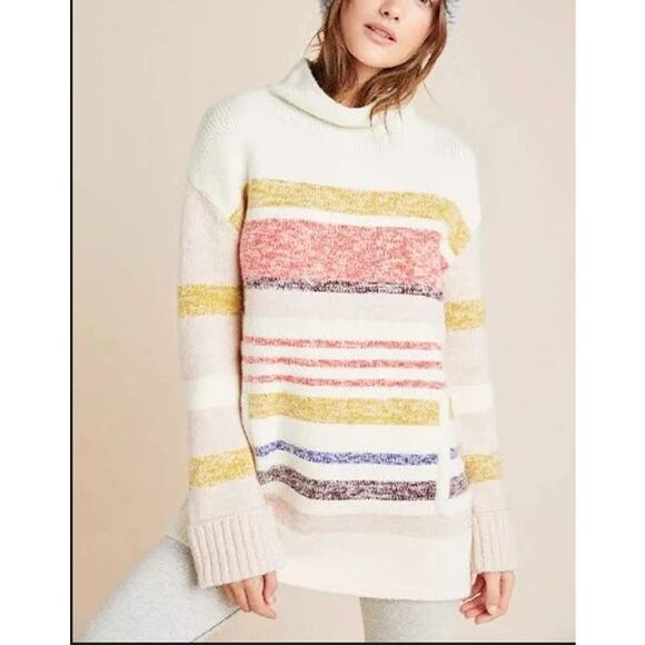 Anthropologie Elana Striped Tunic Sweater M Drop Shoulder Cozy Wool Blend Boho - Picture 2 of 11